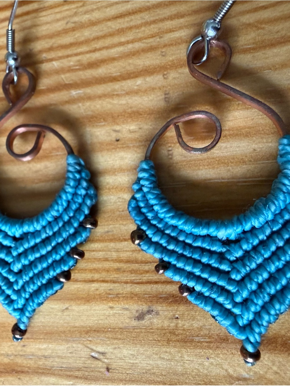 Handmade Macramé and beaded Turquoise Threaded Chevron and copper Drop Earrings - Picture 4 of 4